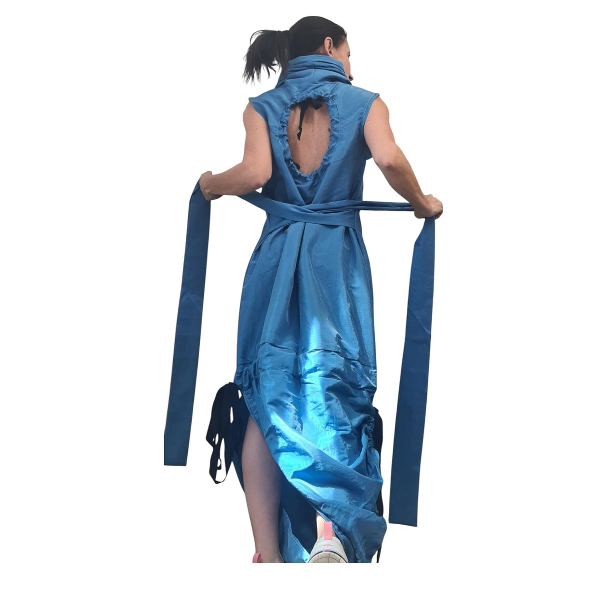 Blue Asymmetric Taffeta Dress, Sleeveless Cocktail Maxi Dress