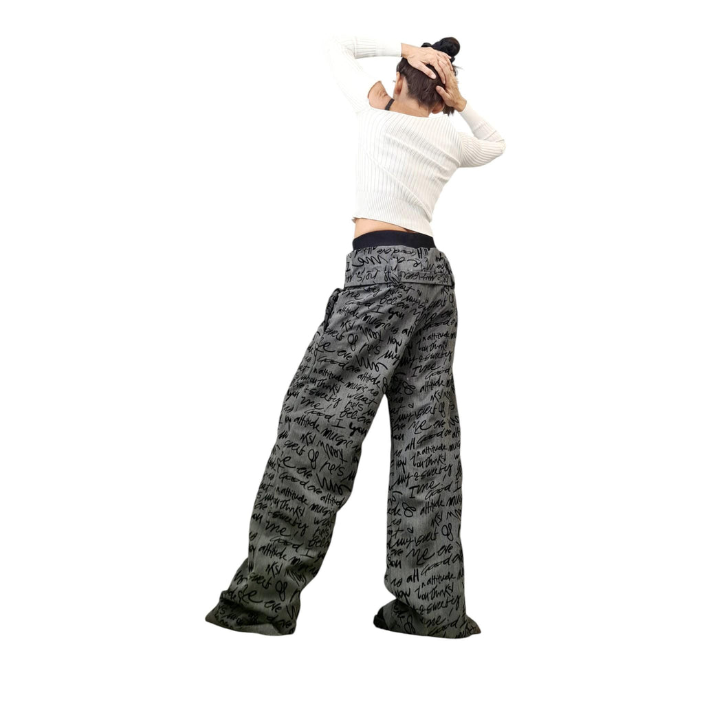 Double Waistband Graffiti Pants, Wide Leg, Drop Crotch Trousers