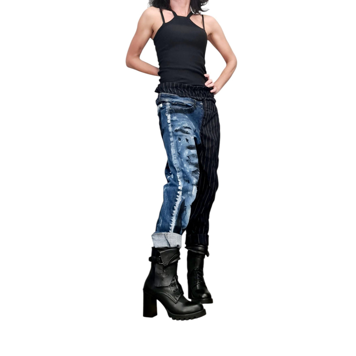 Asymmetric Patchwork Denim Pants, Mixed Fabric Trousers, Paint Splatter
