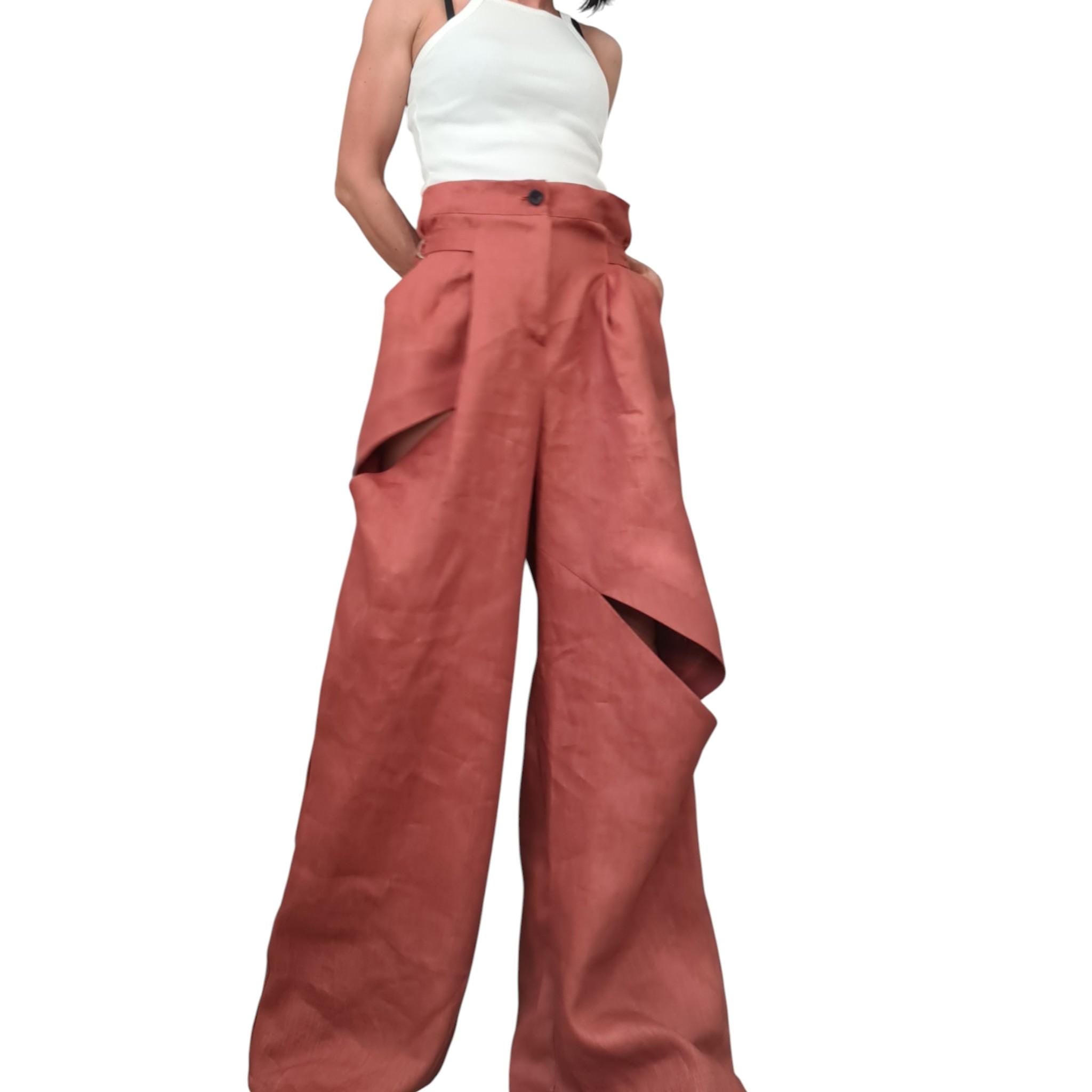 Brick Linen Wide Leg Pants, Adjustable Waist, Asymmetric Slit Avant Garde Trousers