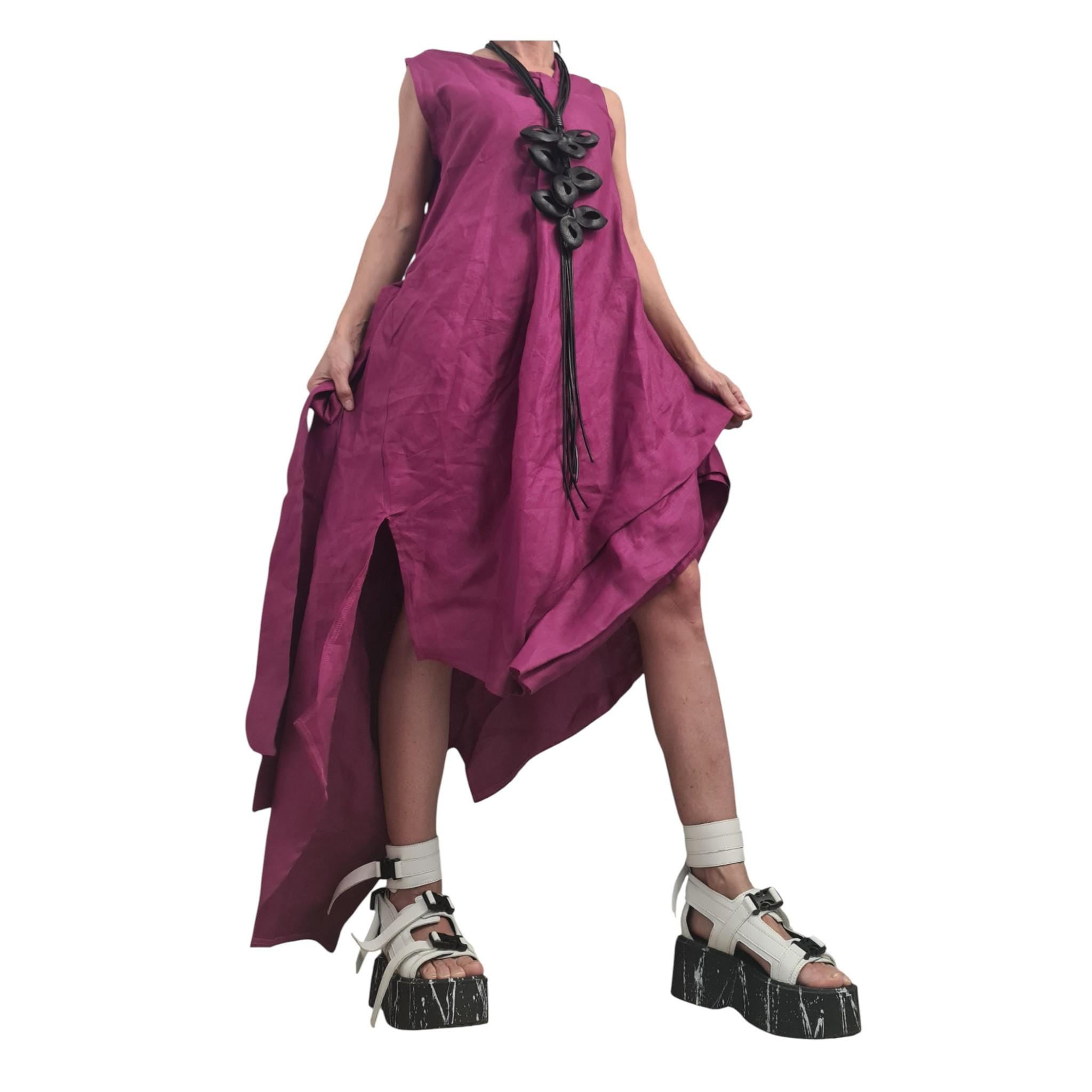 Plum Purple Linen Maxi Dress, Asymmetric Oversized Sleeveless Dress
