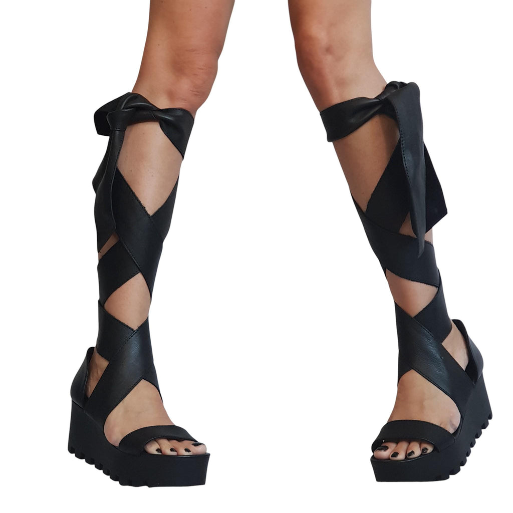 Silver Leather Gladiator Knee High Open Toe Platform Wedge Sandals for Women