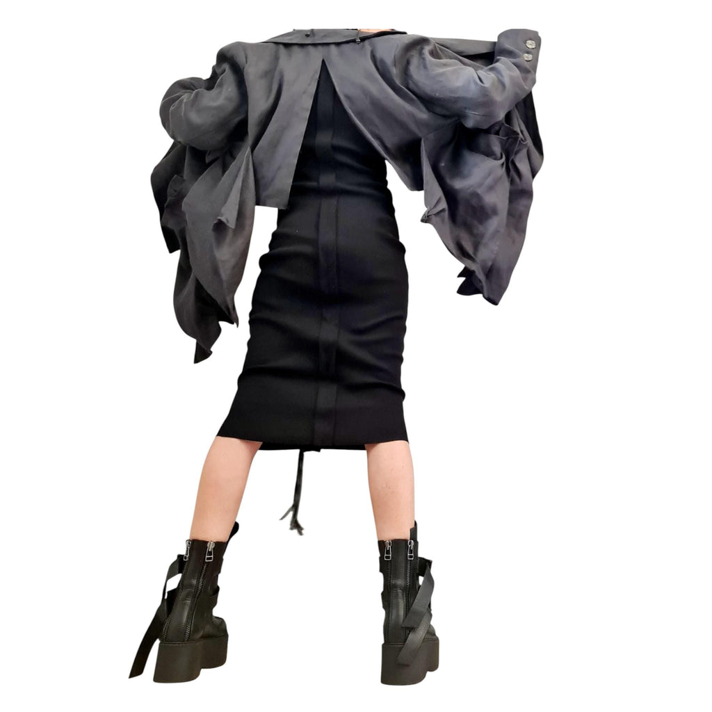 Graphite Linen Asymmetric Blazer | Long Front Open Back Womens Designer Statement Outerwear