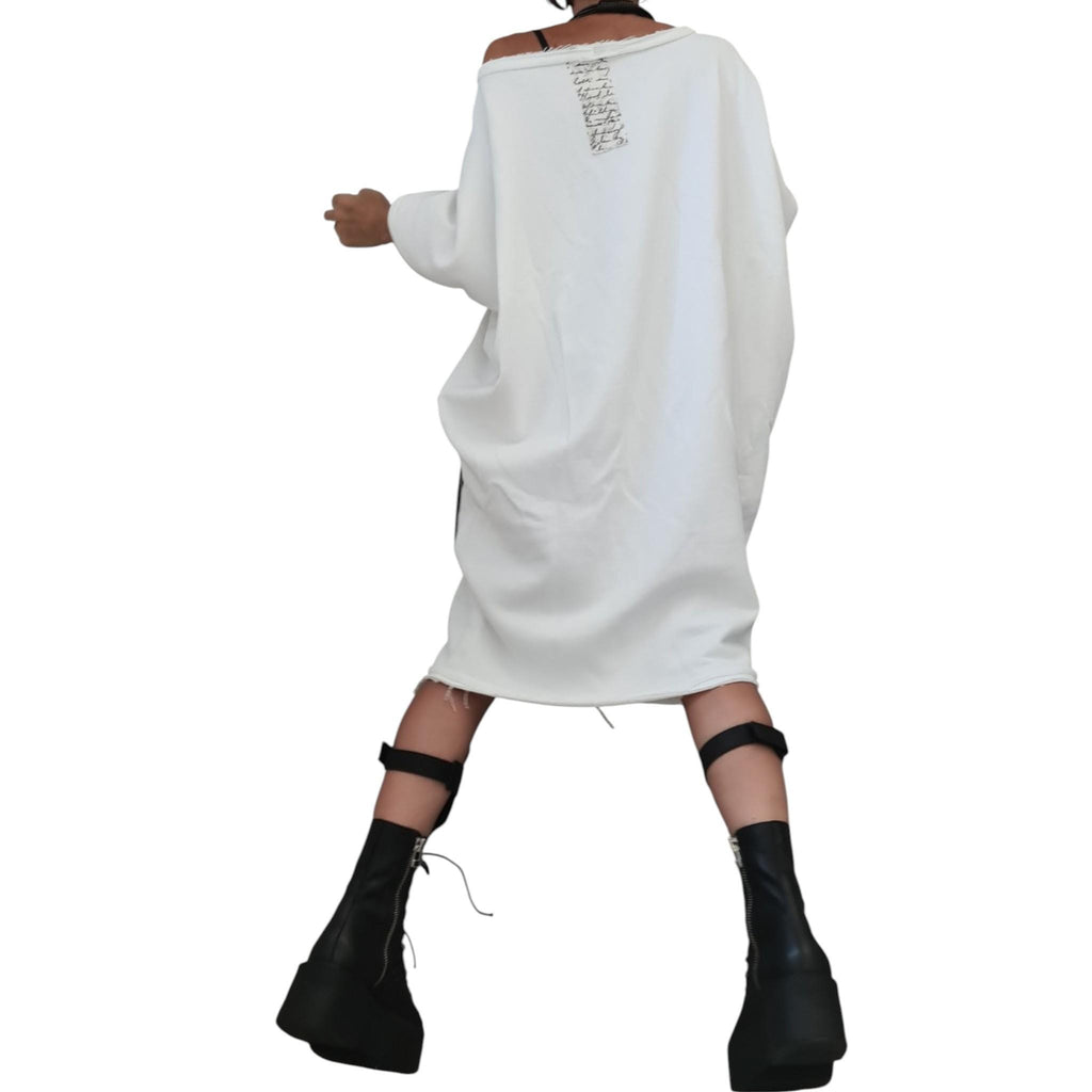 White Cotton Tunic Dress Knee Length | Asymmetric Blouson Cut | fashion for women | architectural