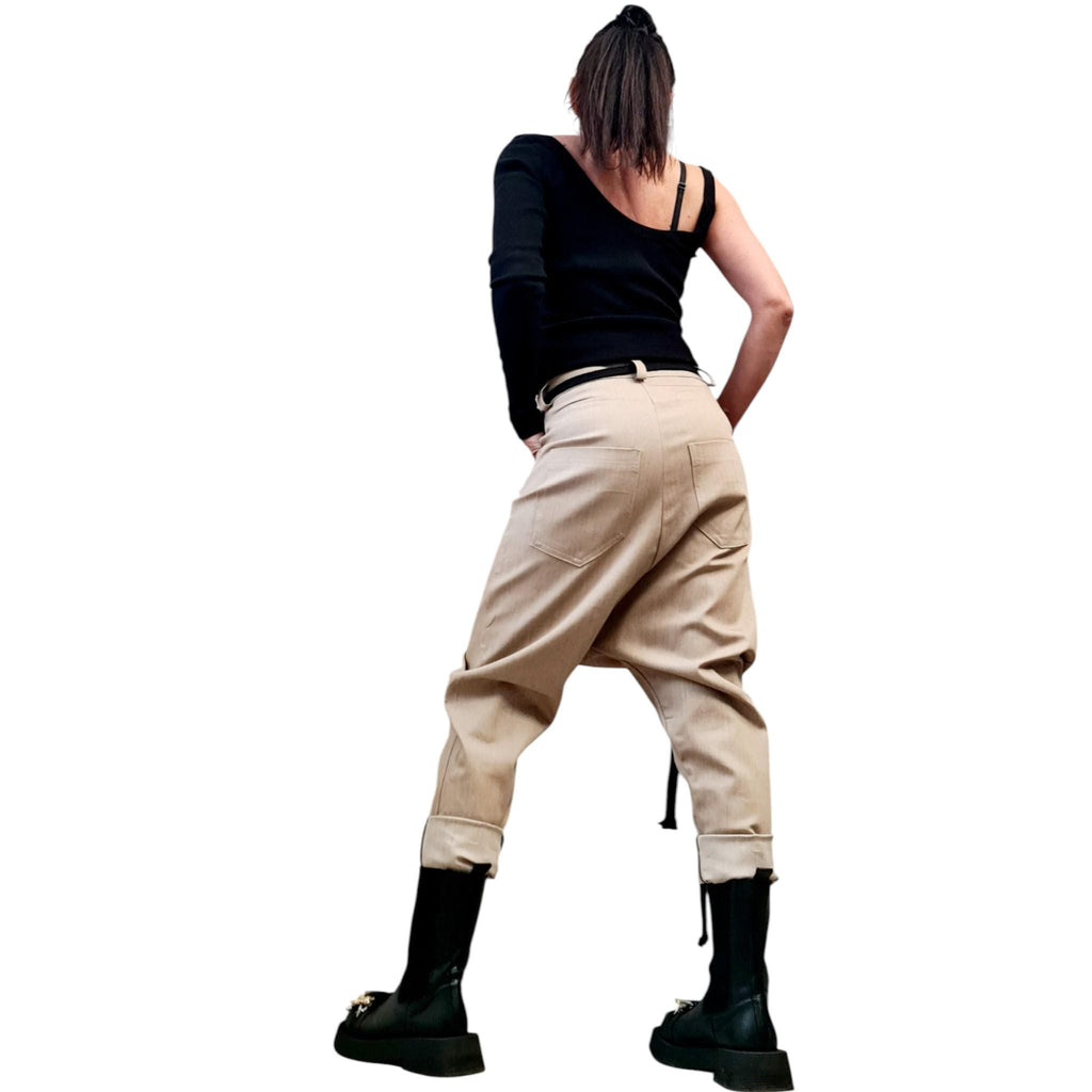 Beige Denim Harem Pants, Loose Drop Crotch Pants, Oversized Baggy Jeans, Plus Size Trousers
