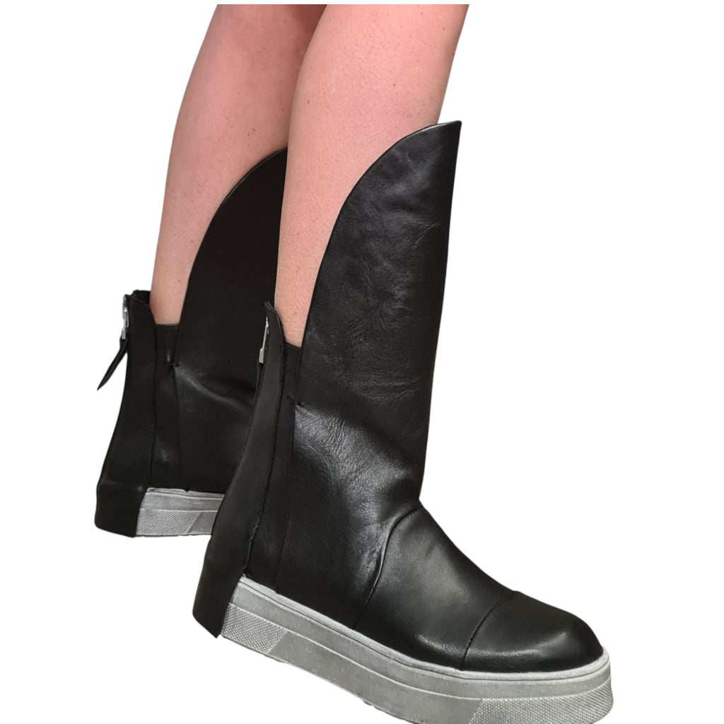 Black Leather Platform Sneakers for Women, Avant Garde High Tongue Boots with Back Zipper