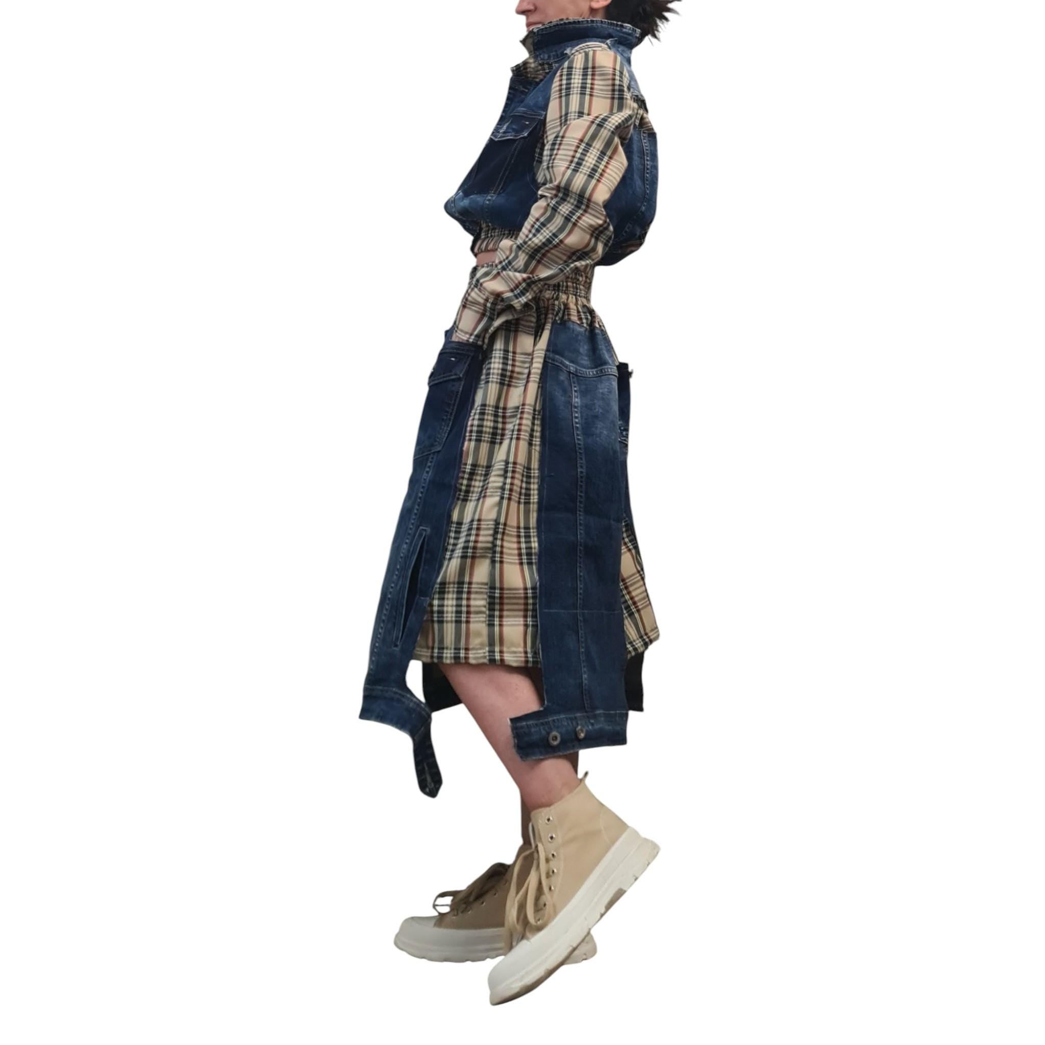 Avant Garde Denim Plaid Skirt & Jacket Set | Designer Streetwear | Handmade Statement Outfit