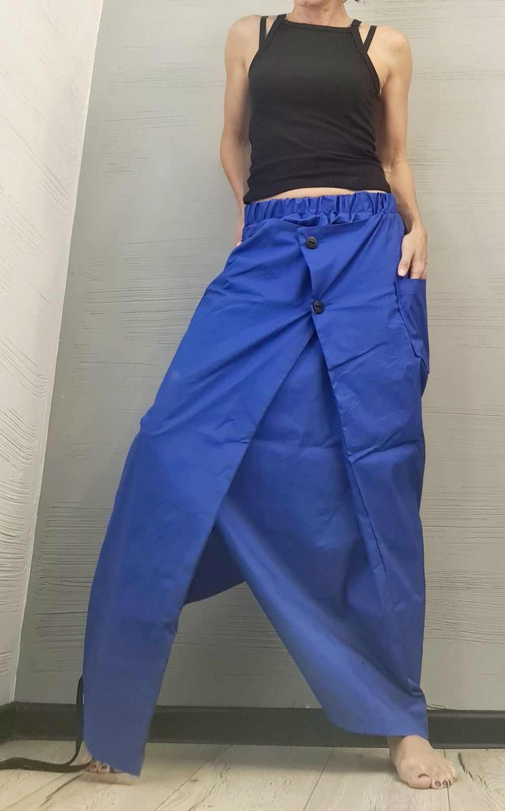 Royal Blue Cotton Harem Skirt Pants, Deep Drop Crotch, Oversized Shirt Co-Ord Set