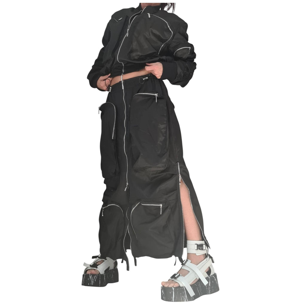 Black Cotton Sateen Cargo Maxi Skirt, Cropped Bomber Jacket, Zip Pockets, Two-Piece Co-Ord Set