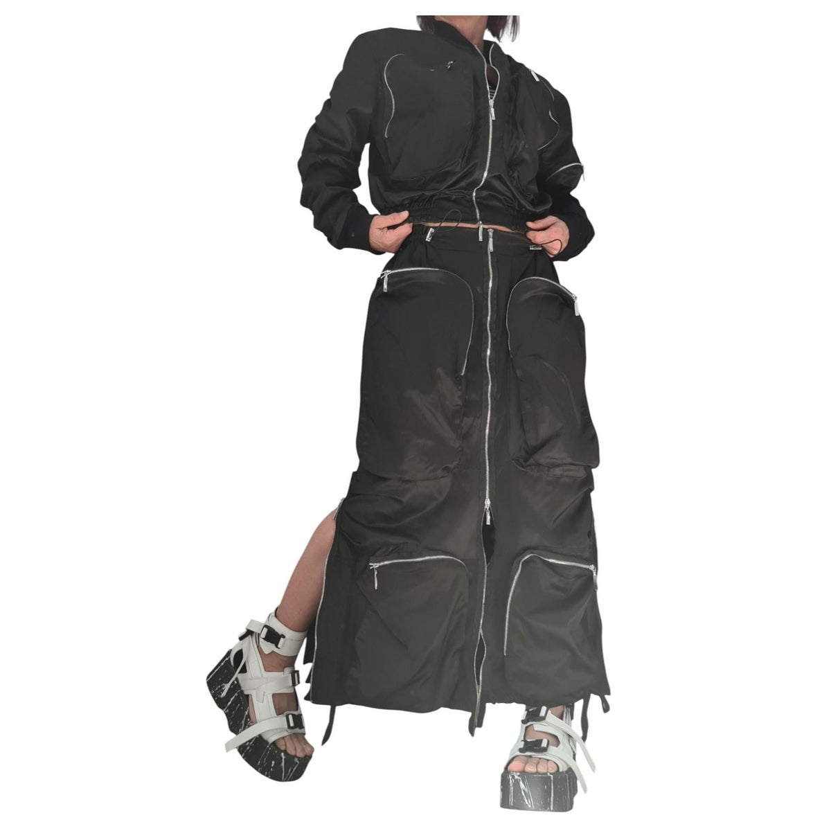 Black Cotton Sateen Cargo Maxi Skirt, Cropped Bomber Jacket, Zip Pockets, Two-Piece Co-Ord Set