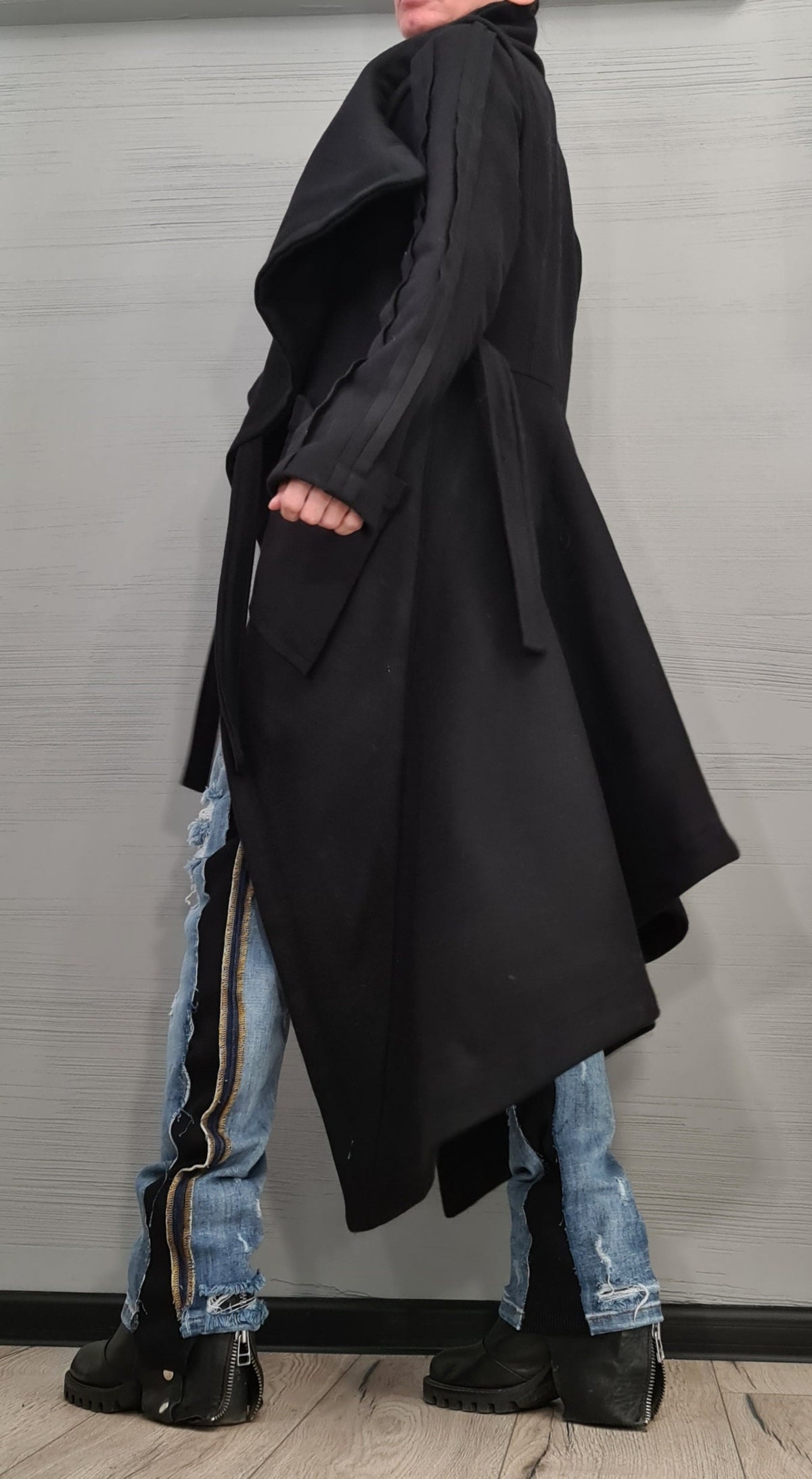 Black Asymmetrical Maxi Coat, High Collar Winter Jacket, Oversized Patch Pockets