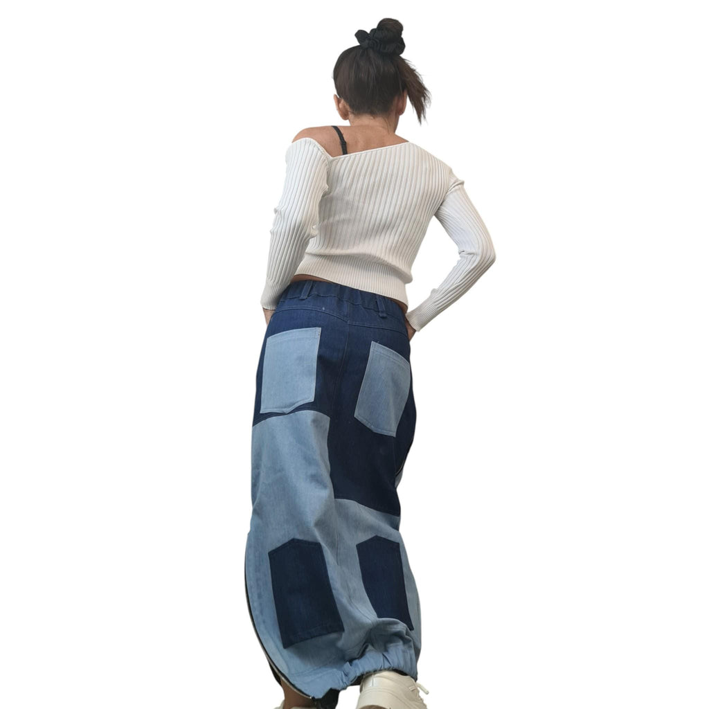 Reversible Two-Tone Denim Maxi Skirt | Handmade Patchwork Skirt, Women’s Clothing