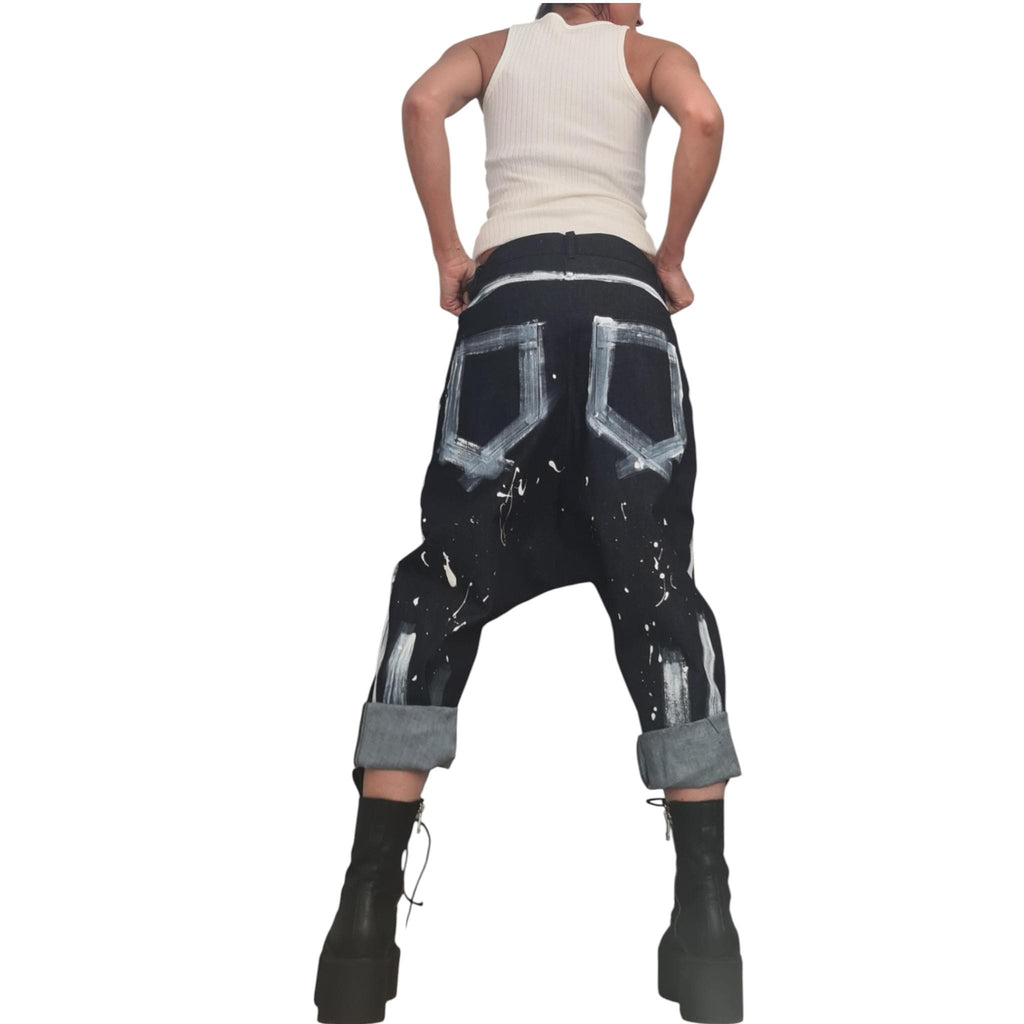 Painted Denim Harem Pants, Boho Baggy Unisex Jeans