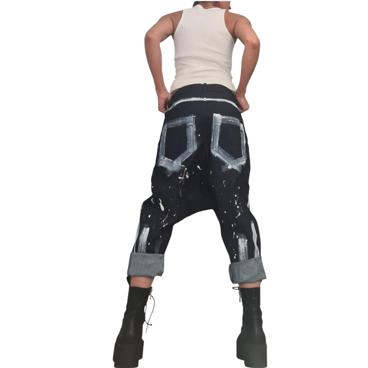 Painted Denim Harem Pants, Boho Baggy Unisex Jeans