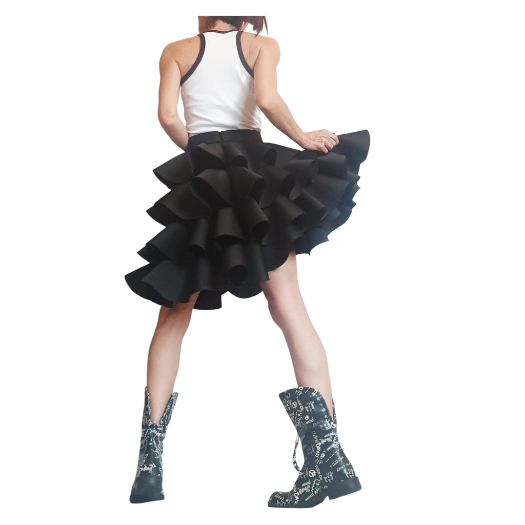 Black Asymmetric Ruffle Skirt, Extravagant Gothic Ball Waist Skirt