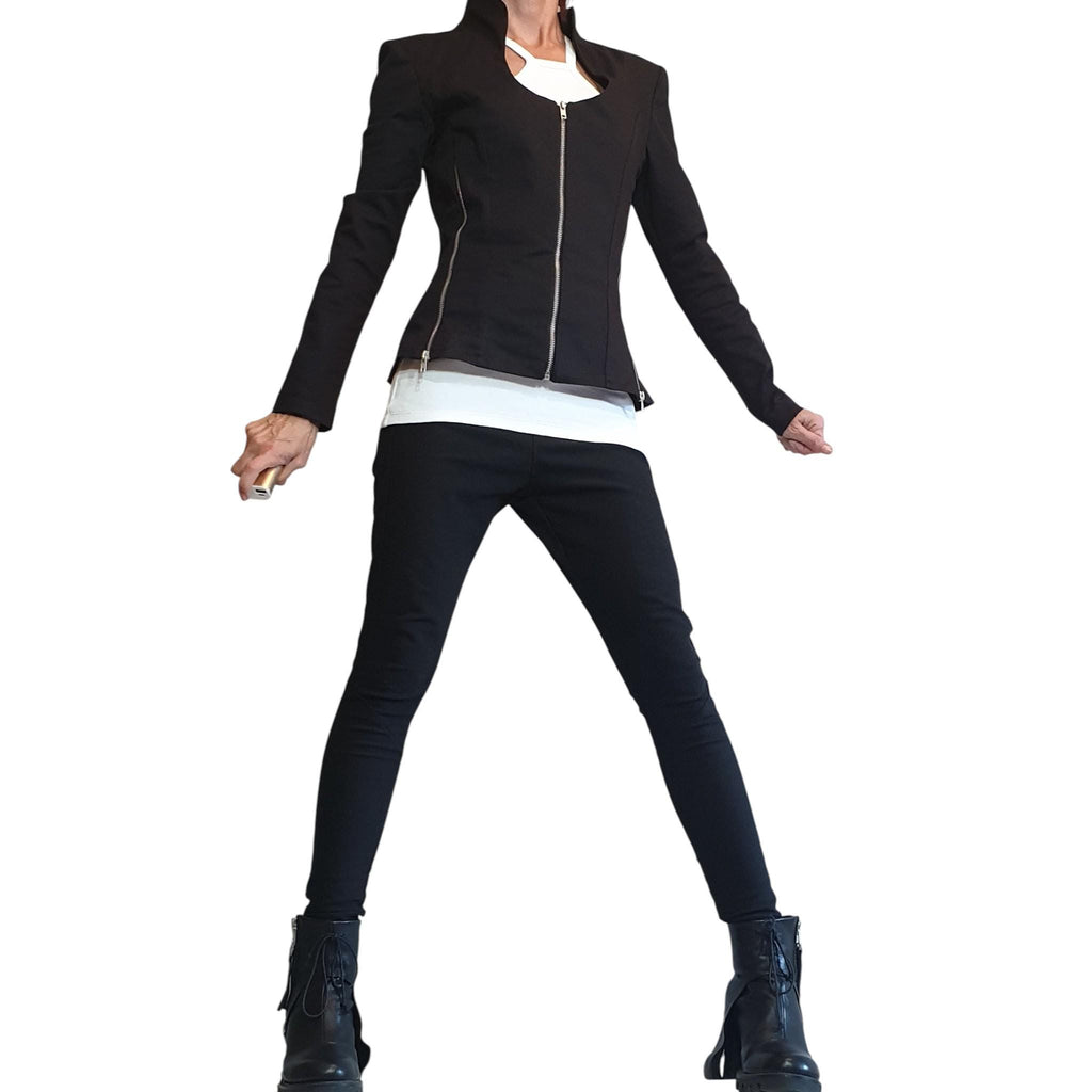 Black Fitted Zip Blazer, Structured Shoulders, Shaped Waist, Back Zip Panels, Plus Size
