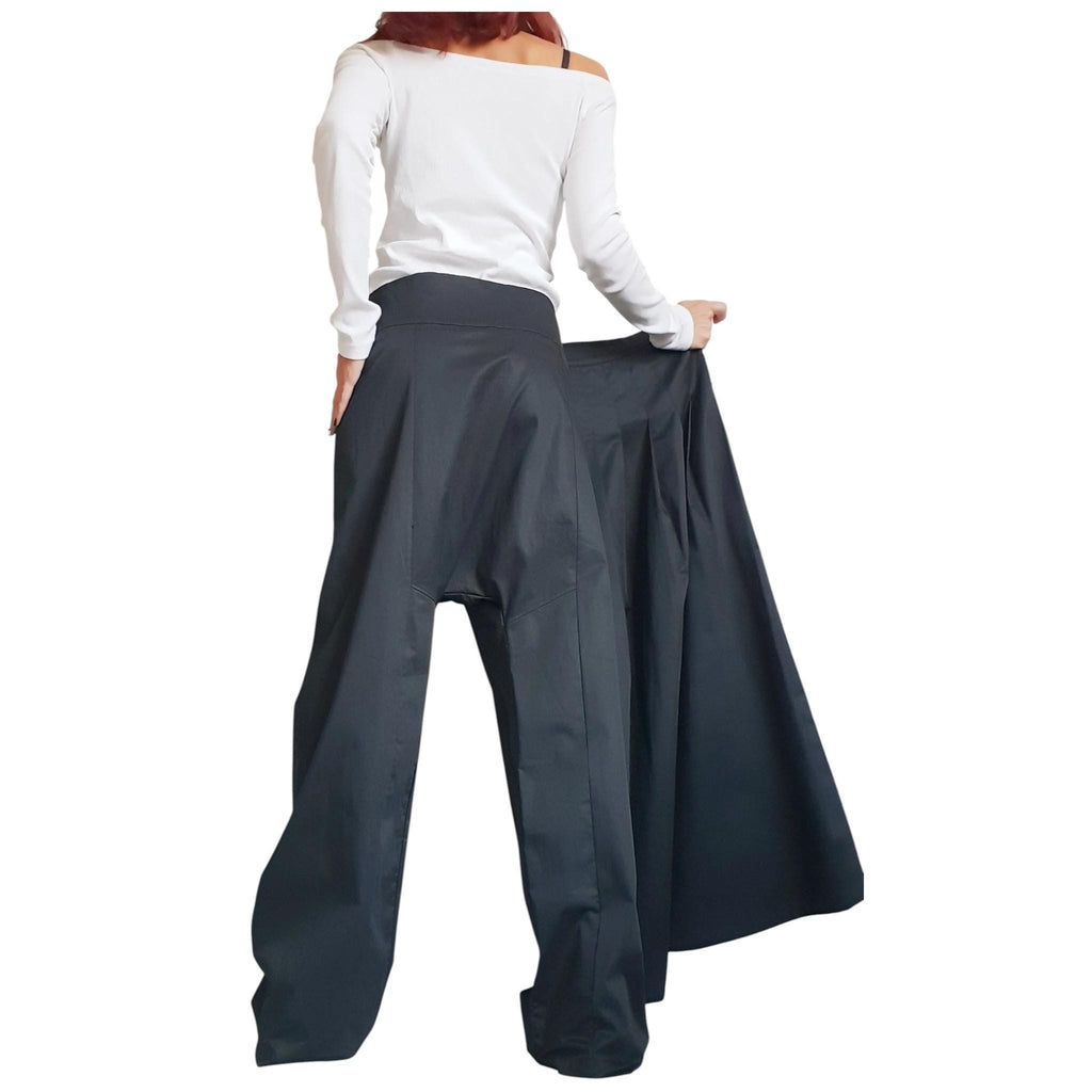 Black Harem Pants with Pleated Skirt Panel, Wide Leg