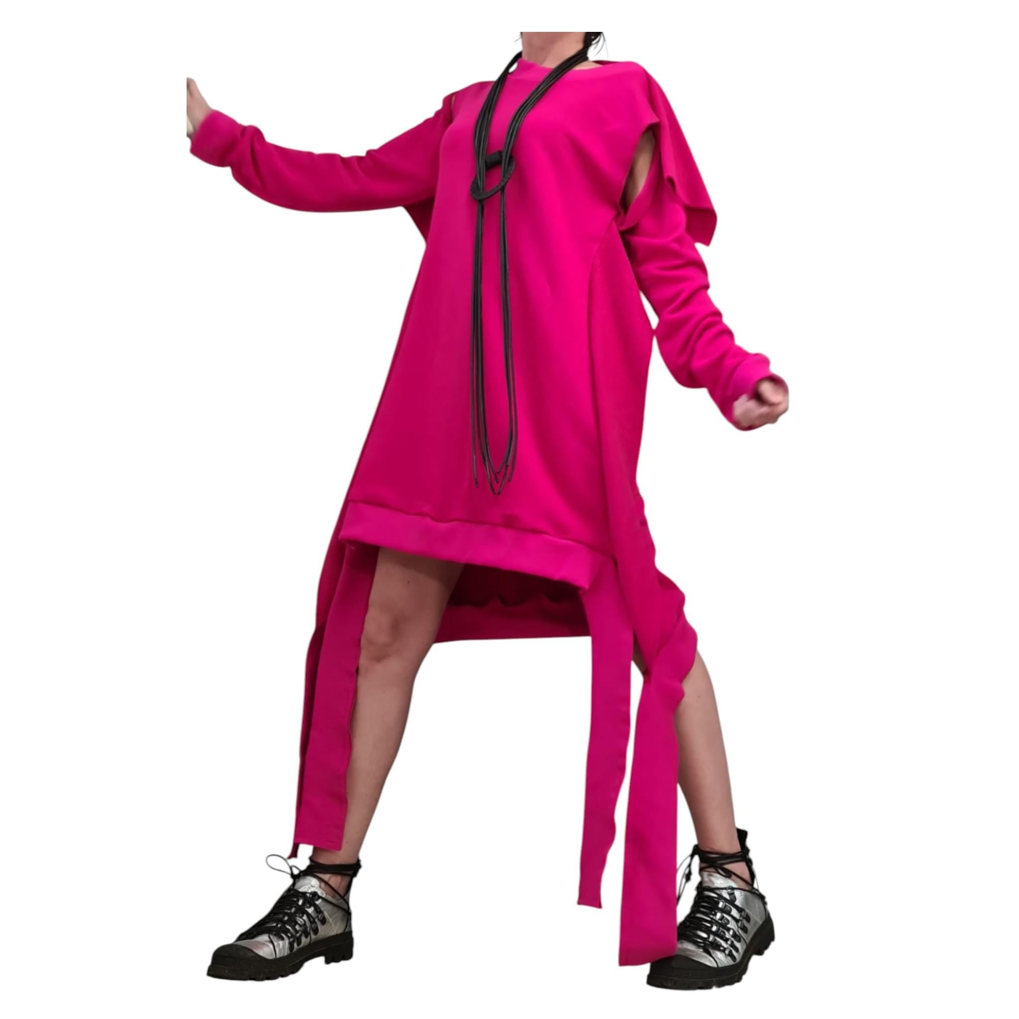 Fuchsia Asymmetrical Tunic, Cotton Loose Fit, Removable Sleeves Dress, Plus Size Dress for Women