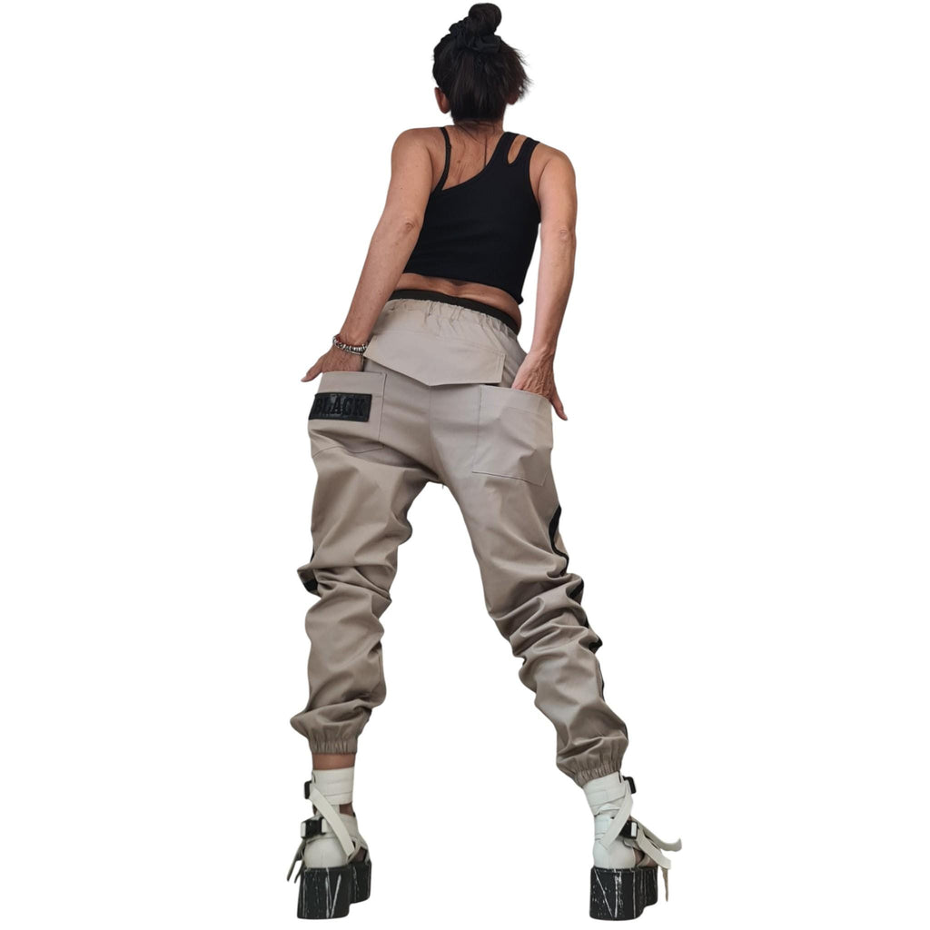 Beige Cargo Jogger Pants, Drop Crotch Trousers, Black Side Stripes, Elastic Waist, Multiple Pockets