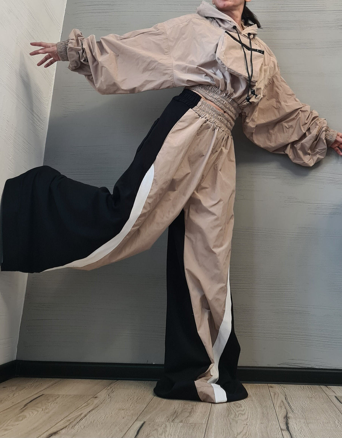Asymmetrical Women's Set, Wide Leg Cotton Pants with Windproof Fabric Details, Windproof Hoodie