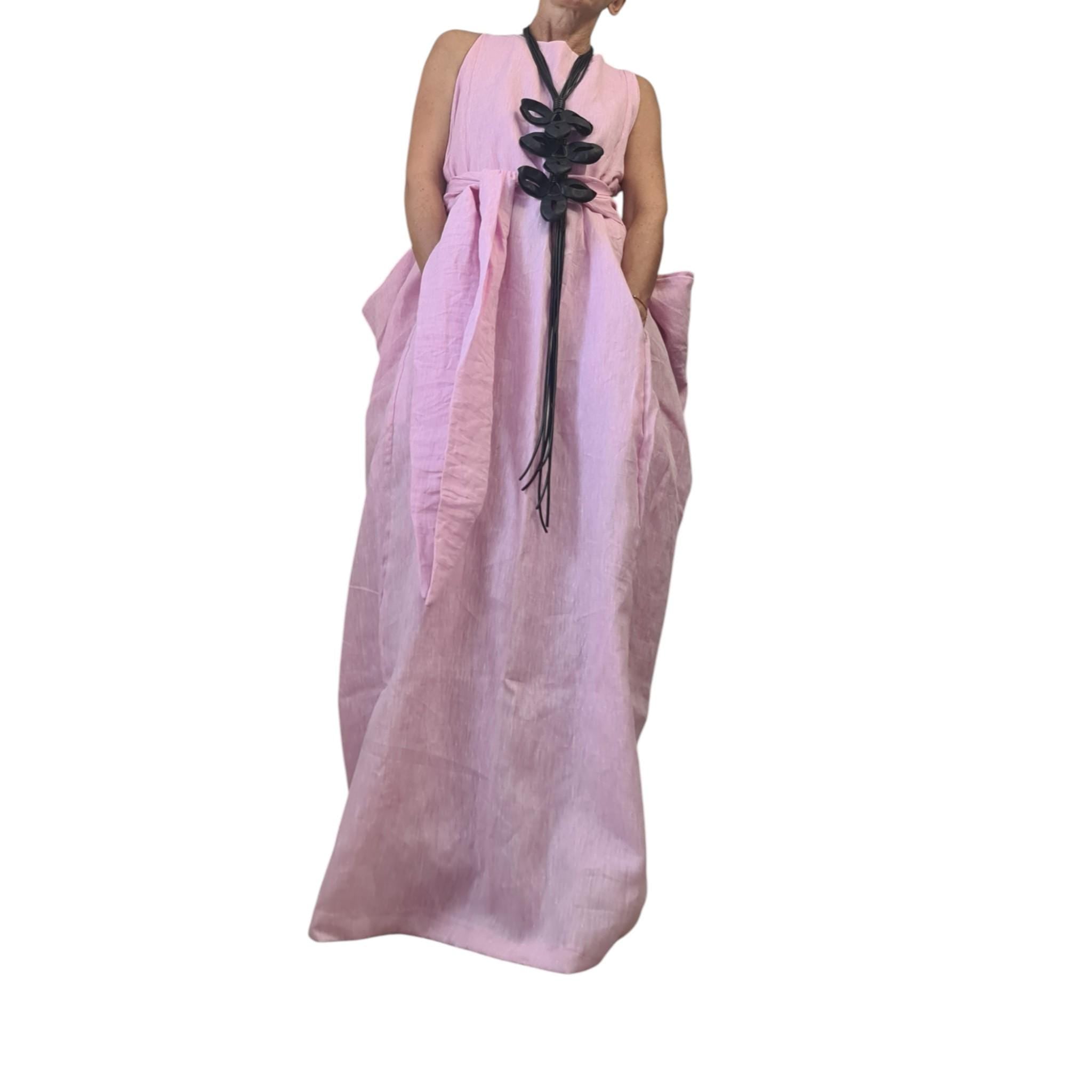 Pink Linen Avant-Garde Dress, Sculptural Long Summer Dress, Artistic Asymmetric Maxi Gown, Handmade Statement Clothing