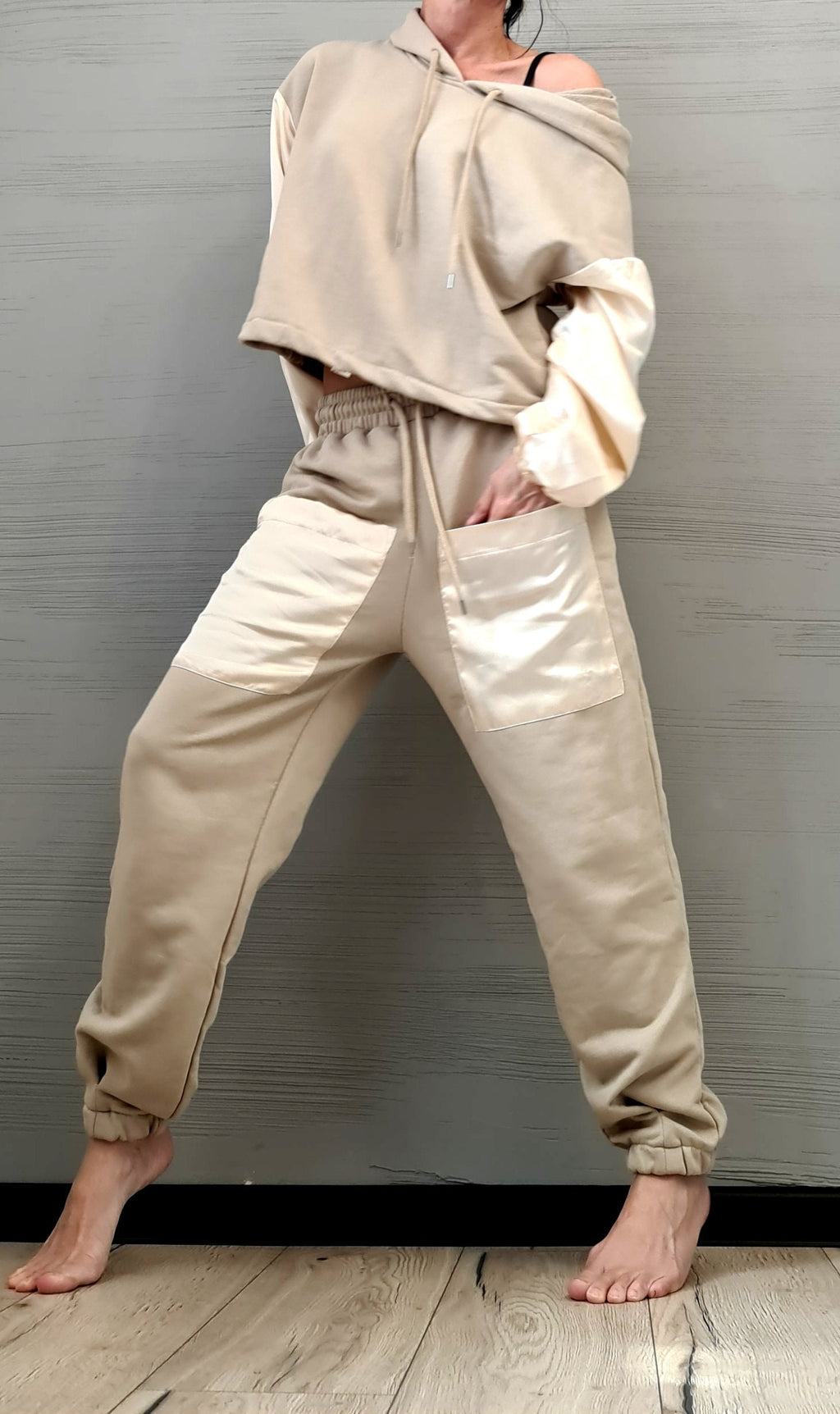 Beige Cotton Jogger Pants, Satin Patch Pockets, Oversized Off Shoulder Hoodie, Two-Piece Co-Ord Set