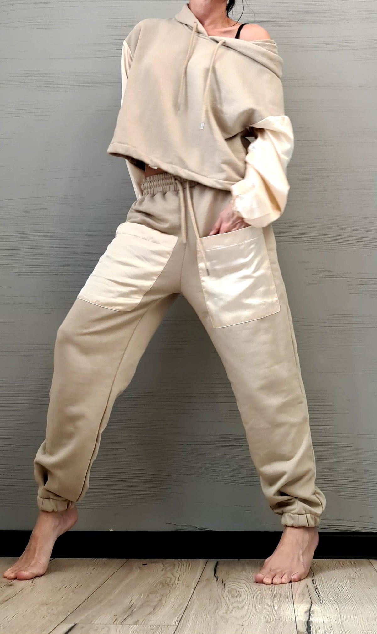 Beige Cotton Jogger Pants, Satin Patch Pockets, Oversized Off Shoulder Hoodie, Two-Piece Co-Ord Set