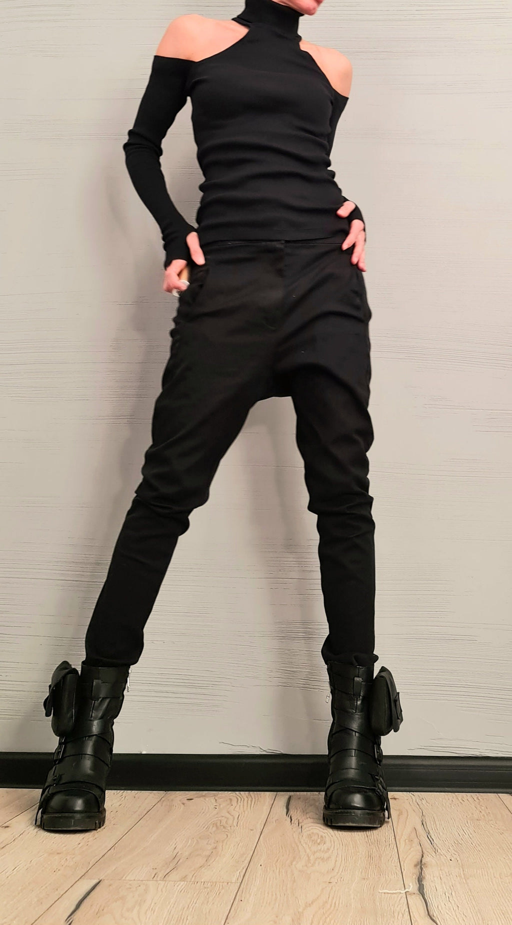 Black Cotton Turtle Neck Top | Open Shoulders, Thumb Holes | Avant Garde Women's Apparel