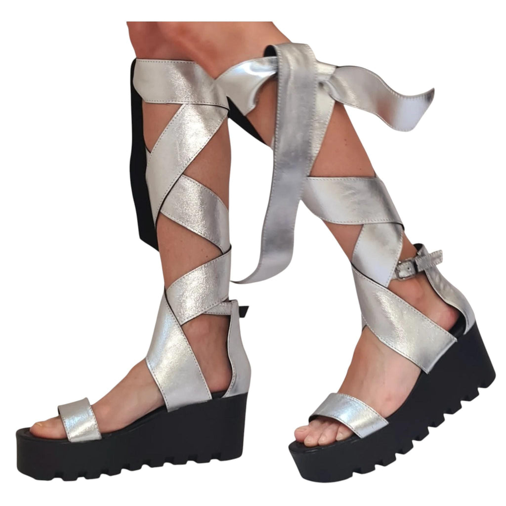 Silver Leather Gladiator Knee High Open Toe Platform Wedge Sandals for Women