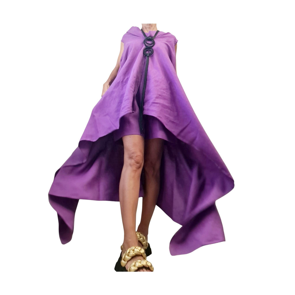 Purple Linen Tunic Shorts Set, Asymmetric Long Tunic, Loose Pants, Handmade Summer Outfit