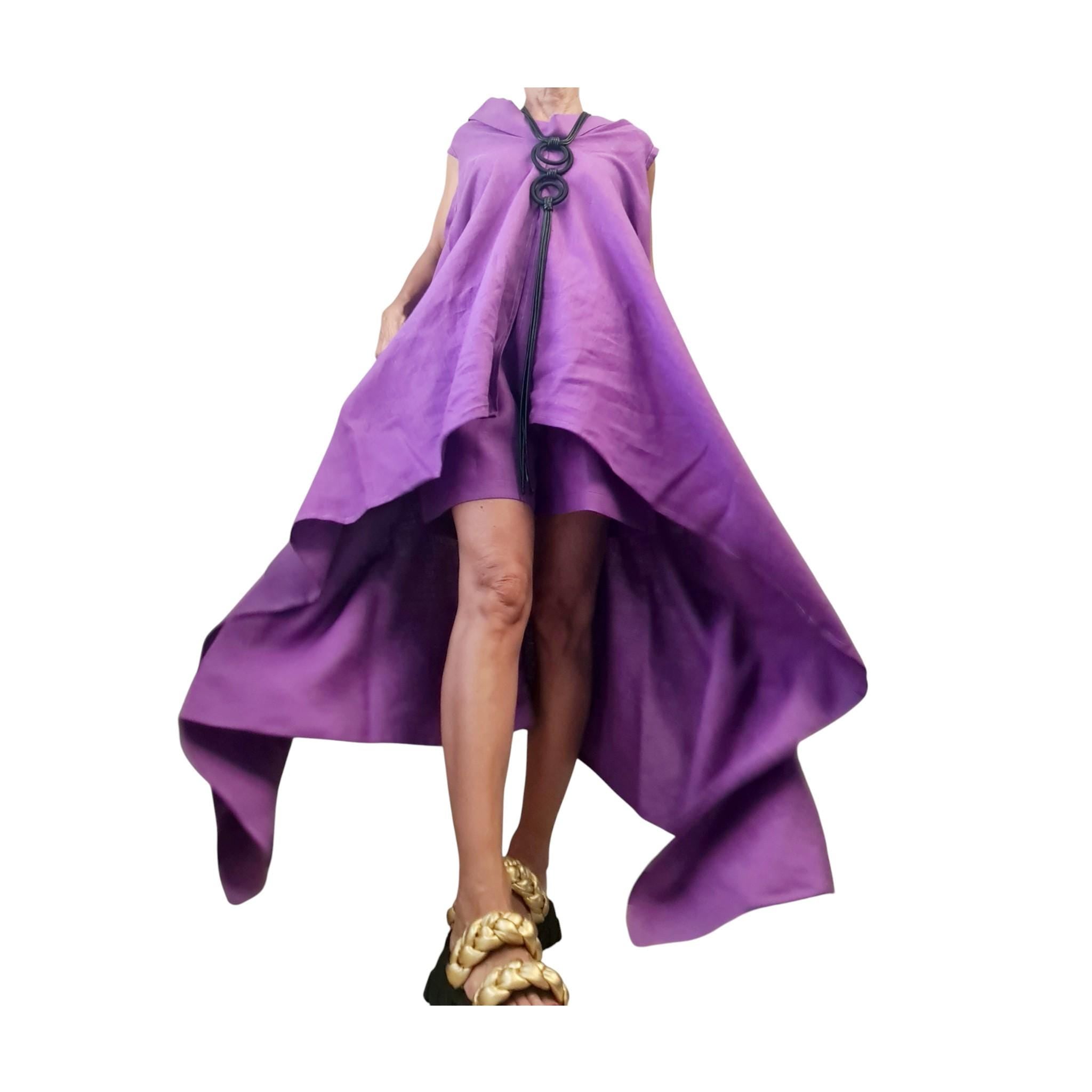 Purple Linen Tunic Shorts Set, Asymmetric Long Tunic, Loose Pants, Handmade Summer Outfit