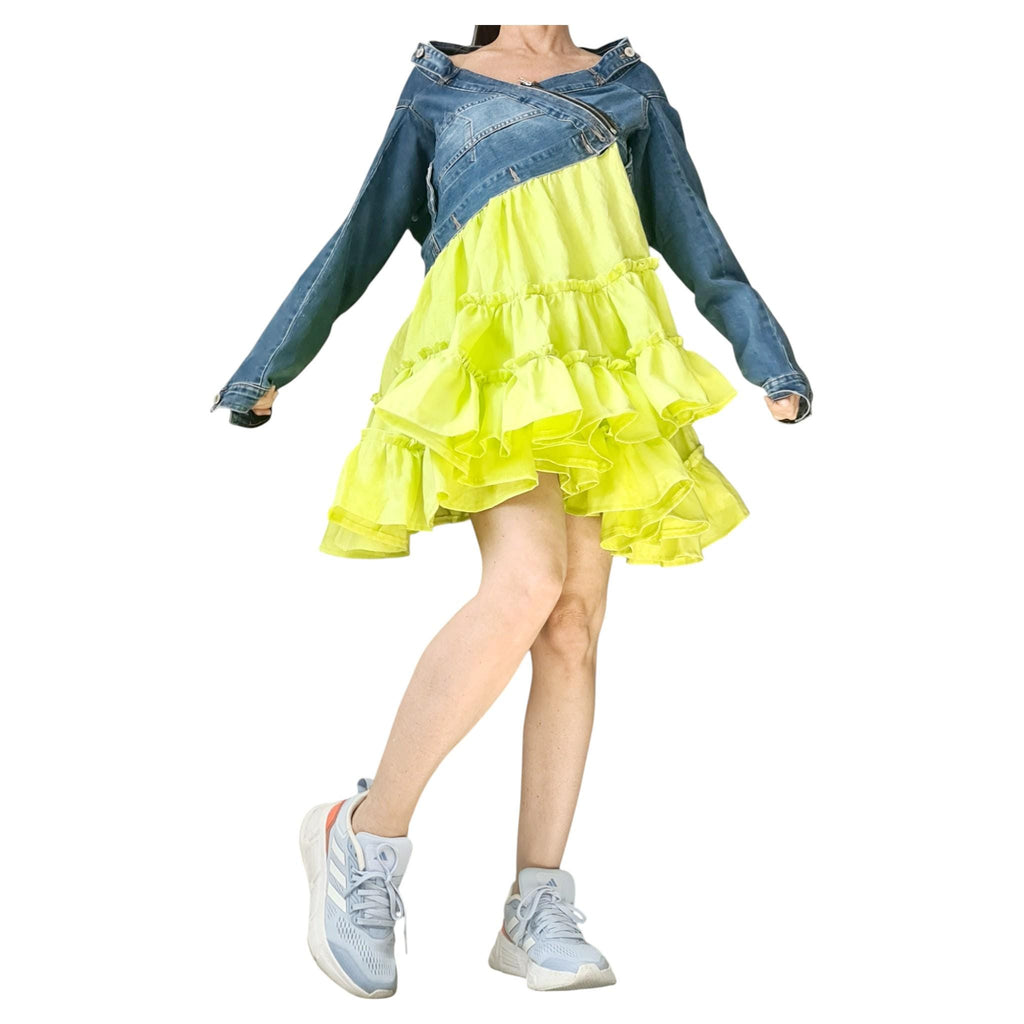Off Shoulder Denim and Linen Dress for Women, Lime Ruffle Skirt, Asymmetric Oversize Clothing
