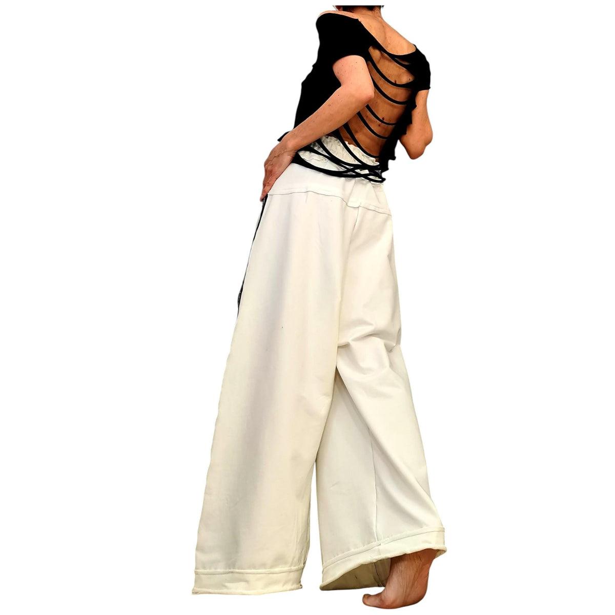 Ivory French Terry Wide Leg Pants, Relaxed Cotton Trousers, Elastic Waist