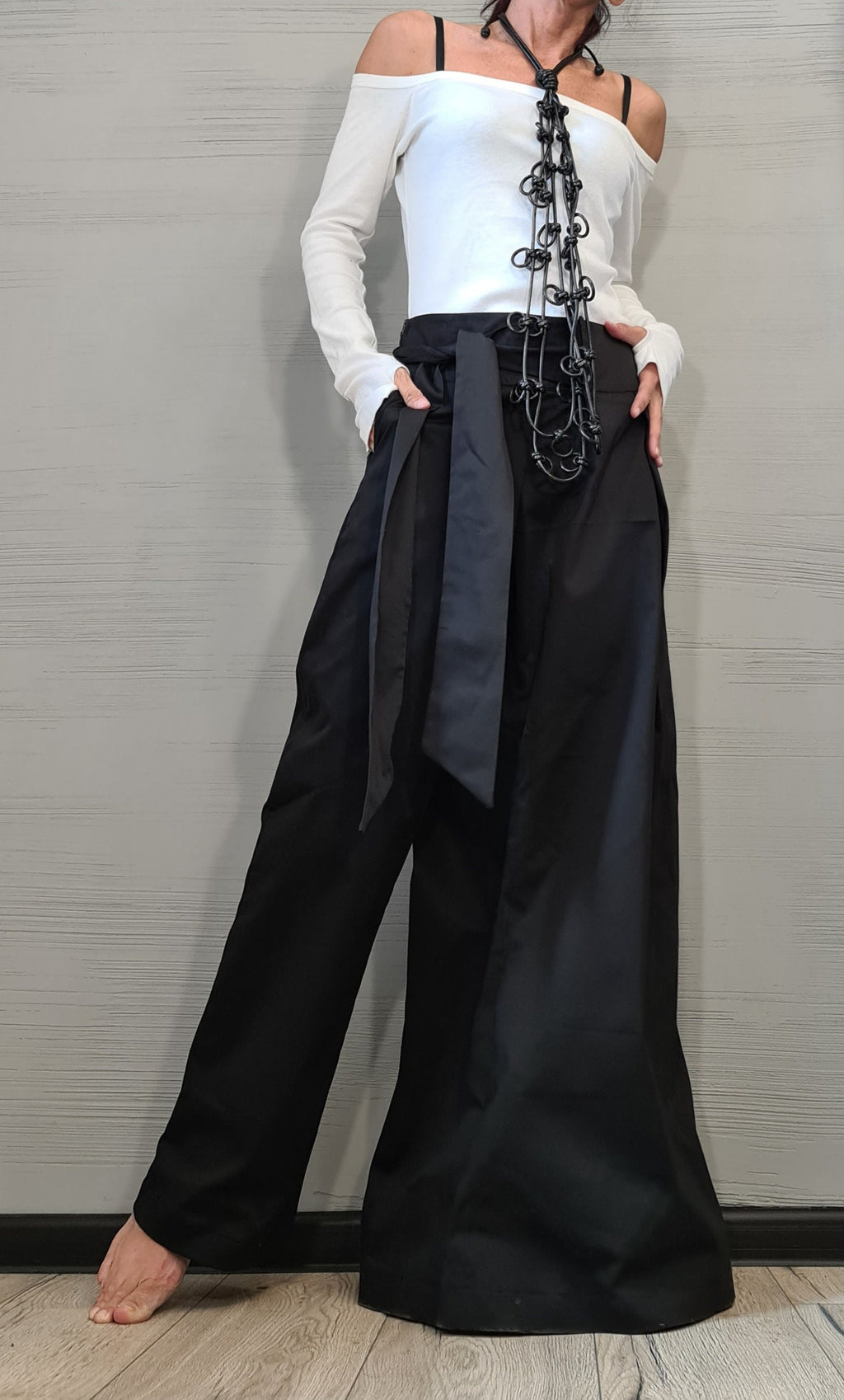 Avant Garde Asymmetric Wide Leg Pants, Black Wrap Front Trousers