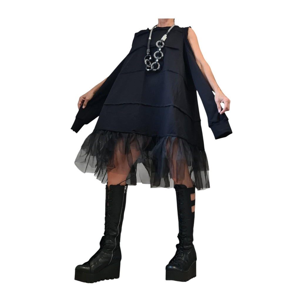 Gothic Tulle Dress, Black Deconstructed Oversize Tunic, With and without sleeve
