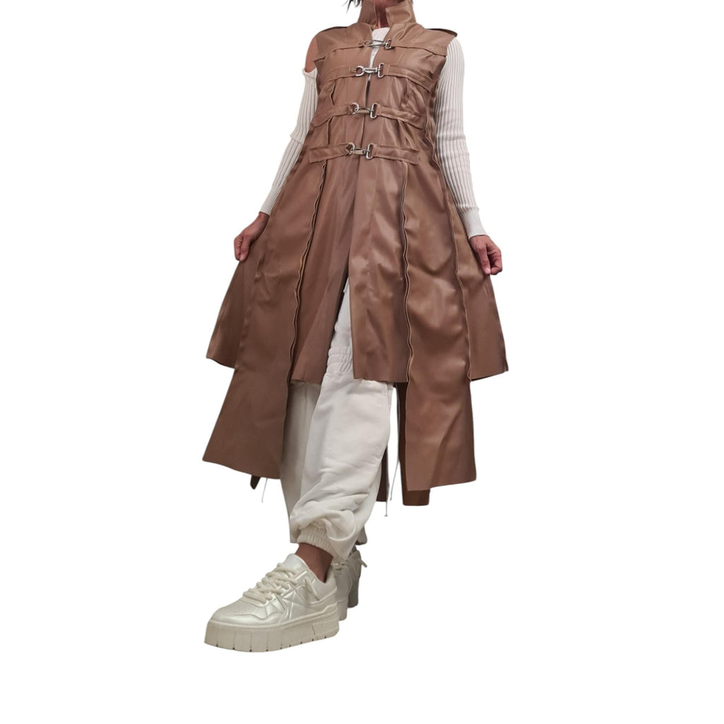 Brown Faux Leather Asymmetrical Maxi Vest, Fitted Sleeveless Coat, Multiple Metal Buckle Closures