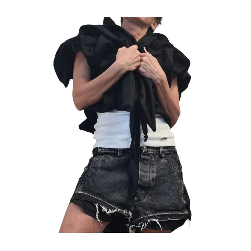 Black Denim Asymmetric Short Jacket, Women's Gothic Vest