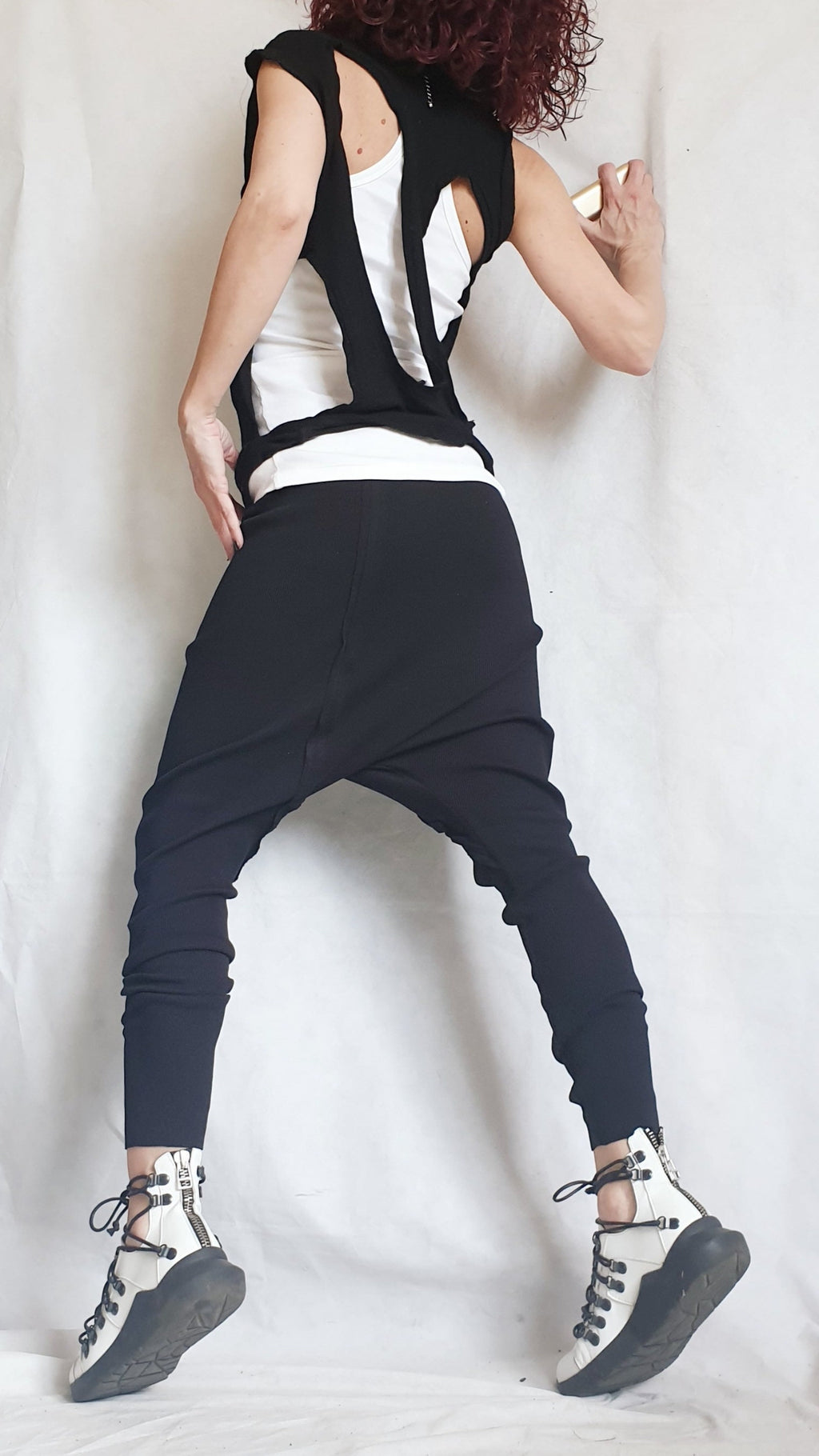 Black Cotton Drop Crotch Harem Pants, Sleeveless Top, Tapered Legs, Co-Ord Set