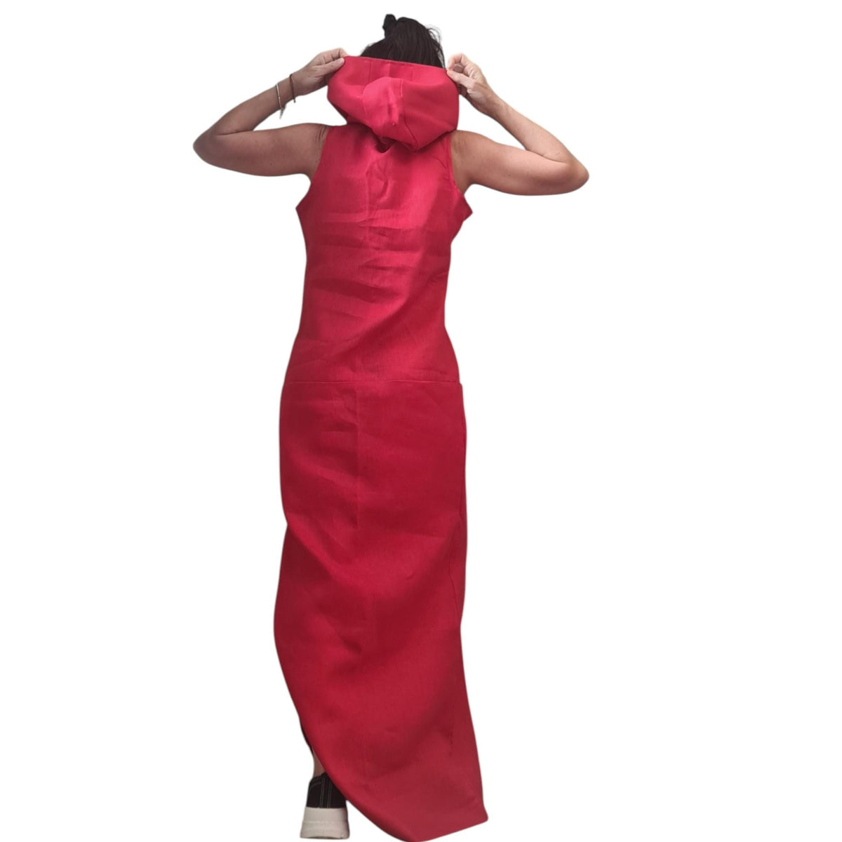 Red Linen Hooded Maxi Dress Women, Sleeveless Long Kaftan, Boho Summer Sundress