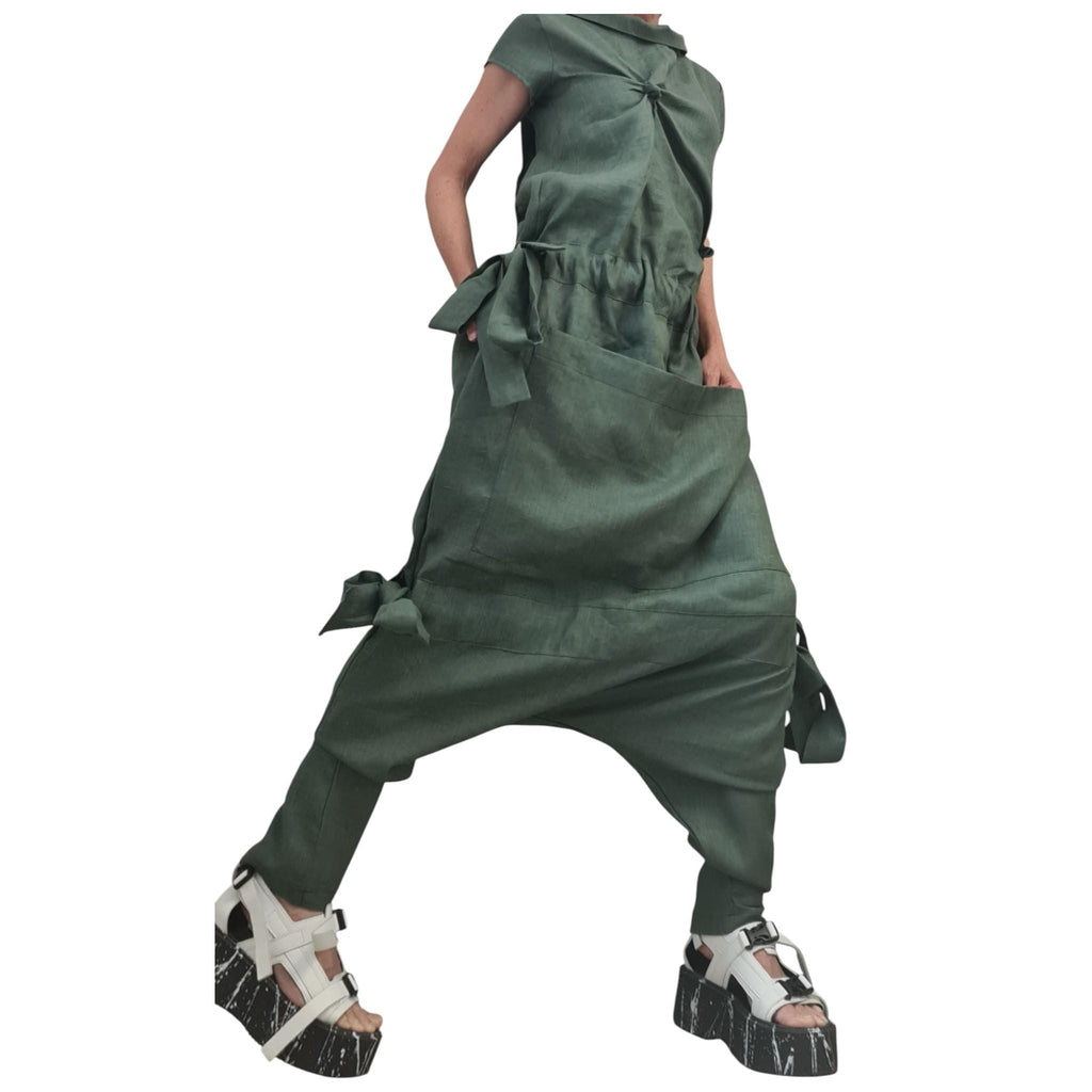 Olive Oil Asymmetric Linen Woman Jumpsuit, Wide Leg Harem Sleeveless Loose Overall