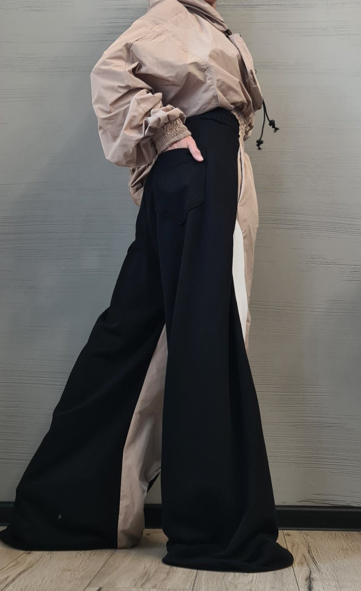 Asymmetrical Women's Set, Wide Leg Cotton Pants with Windproof Fabric Details, Windproof Hoodie