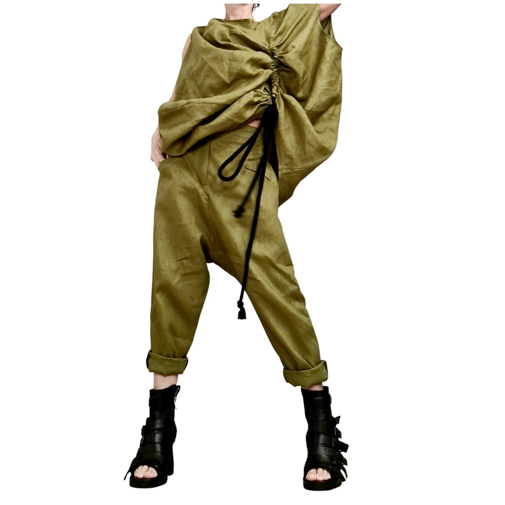 Military Green Linen Set – Avant Garde Drop Crotch Pants and Tunic
