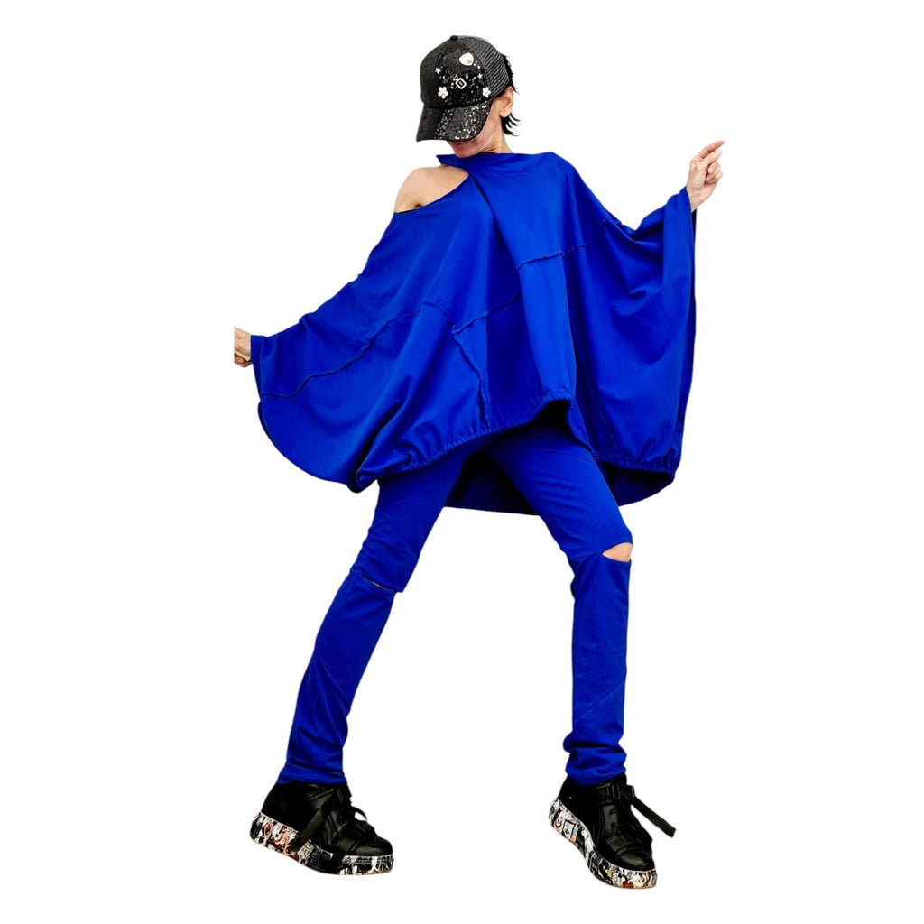 Royal Blue Cotton Leggings, Cutout Knees, Oversized Asymmetrical Draped Batwing Tunic, Two-Piece Co-Ord Set