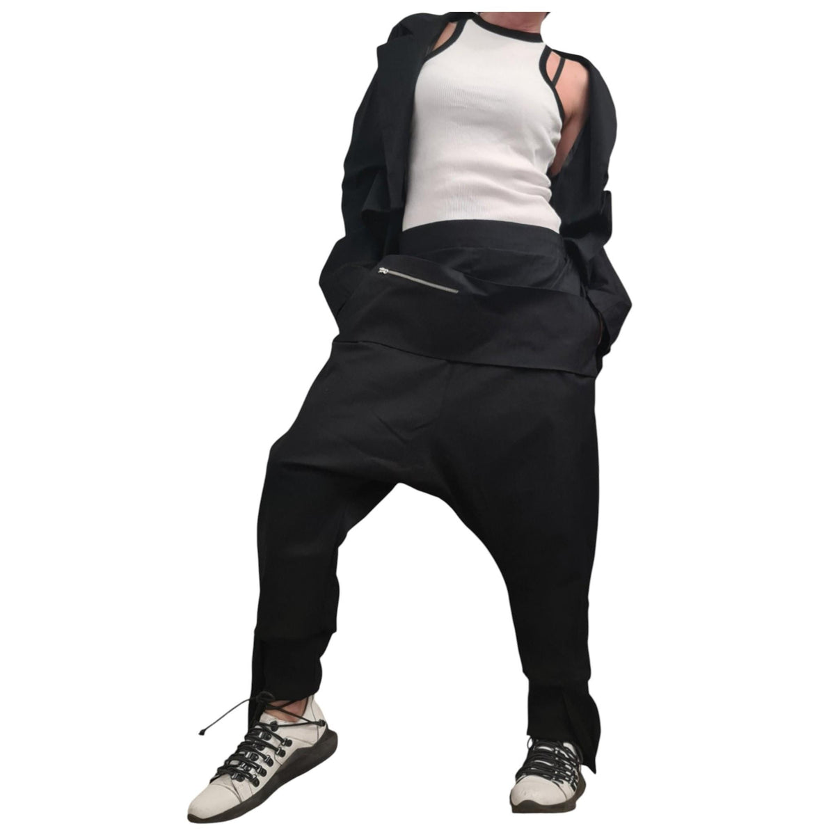 Linen Avant Garde Jacket and Harem Pants Set, Asymmetric Open Back Women's Wear