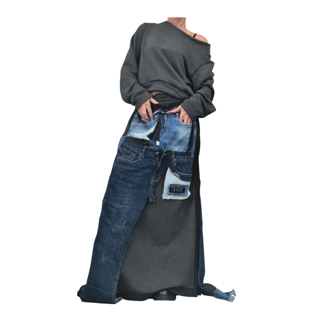 Cotton Denim Asymmetric Skirt Set, Deconstructed Women Costume, Extravagant Design