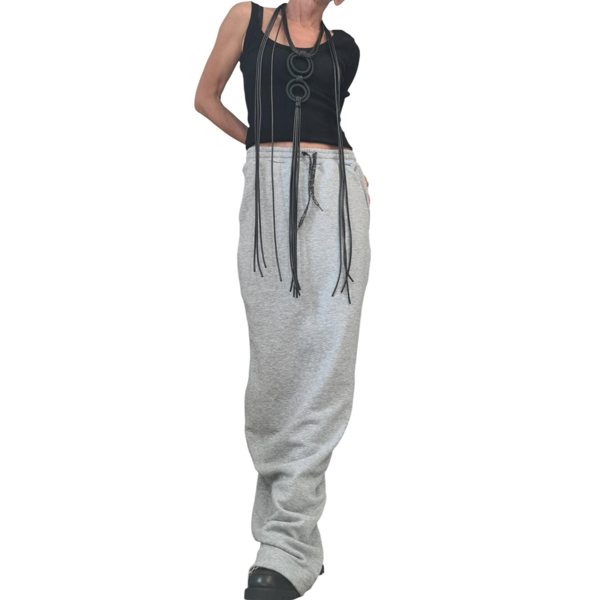 Grey Cotton A-Line Slit Skirt, Asymmetric Maxi Length Sport Skirt