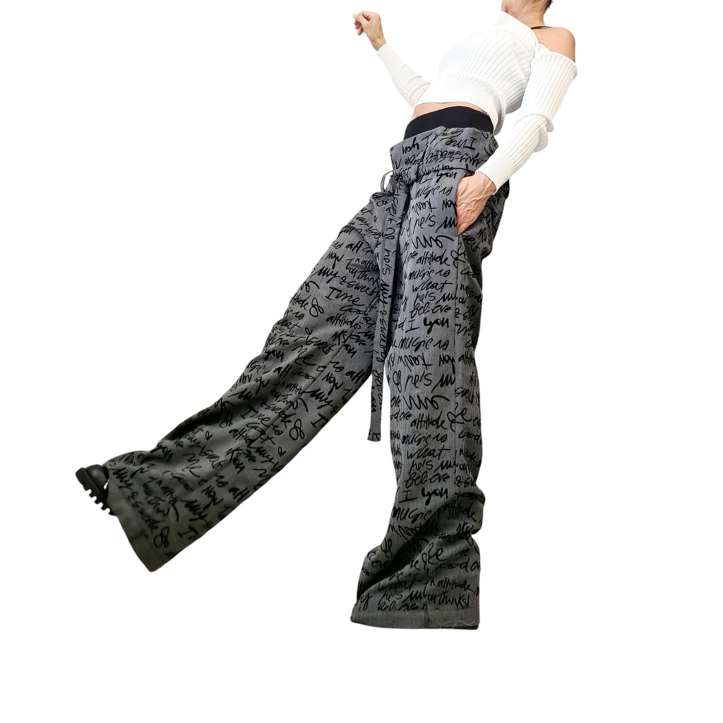 Double Waistband Graffiti Pants, Wide Leg, Drop Crotch Trousers