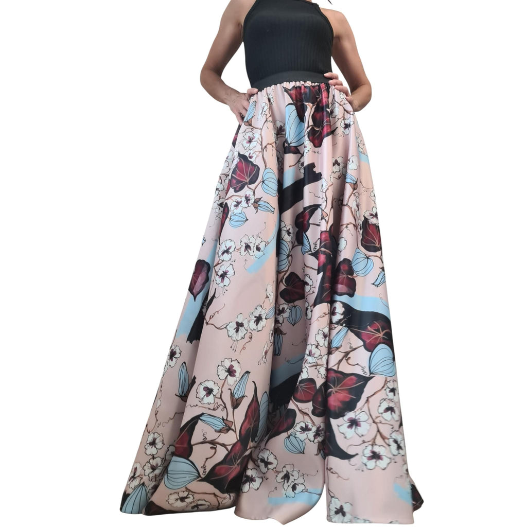 Satin Ball Maxi Skirt, Long Circle Skirt, Floral Print Wedding Guest Dress