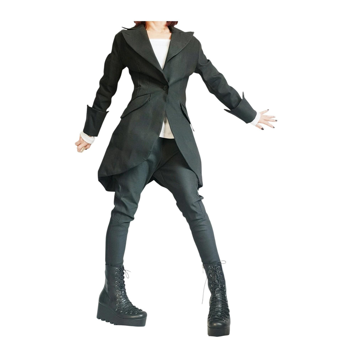 Ivory Asymmetrical Peplum Blazer with Gathered Back, Fitted Waist and Long Tailcoat Hem