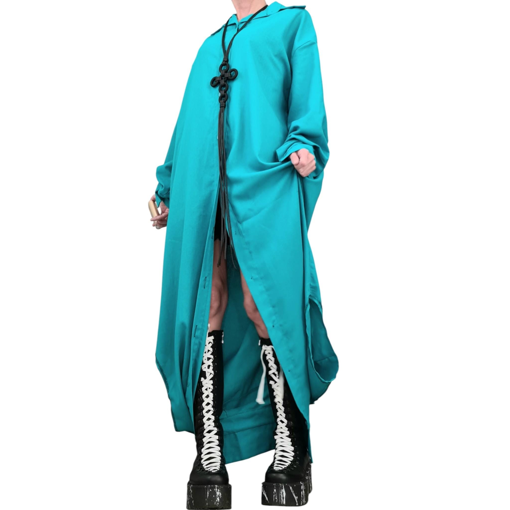 Turquoise Linen Deconstructed Tunic for Women, Transformable Layered Top, Asymmetric Oversize Shirt